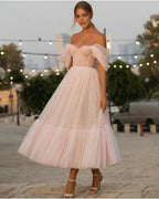 Light  A Line Off-the-shoulder Tulle Tea-Length Homecoming Dress Party Dress
