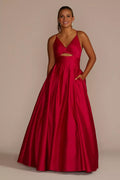 V collar backless sleeveless thin shoulder strap and floor length Prom dress