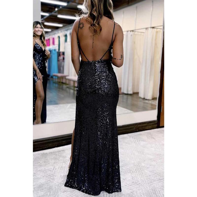 V-neck Spaghetti Straps Fully Sequined with Side Slit Party Prom Evening Dress