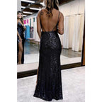V-neck Spaghetti Straps Fully Sequined with Side Slit Party Prom Evening Dress