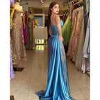 Ruched Sequined Lace Satin Sheath Long Prom Gown