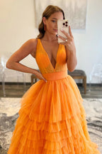 Purple Deep V-Neck Tiered Prom Dress