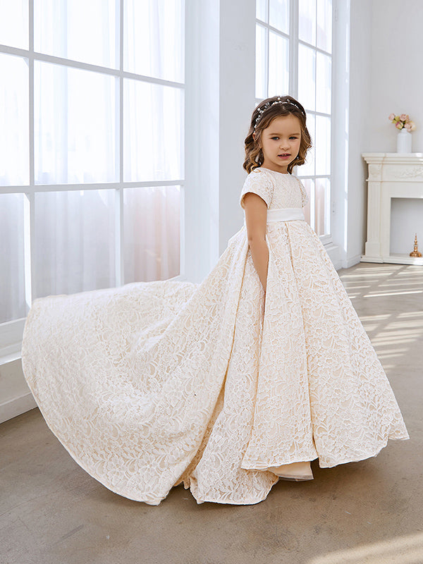 A-line Lace Sweep Train Ivory Dress (010146744)