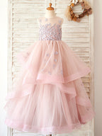 A-line Tulle Floor-length Pink Flower Girl Dress