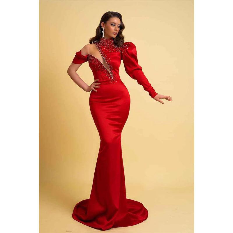 Uniqe High Neck Satin Beads Long Sleeves Red Elegant Formal Party Dress