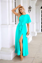 Ladies Chiffon Sleeve Crew Neck Front Slit Floor Length Bridesmaid Evening Dress Wedding Party Evening Dress 28124