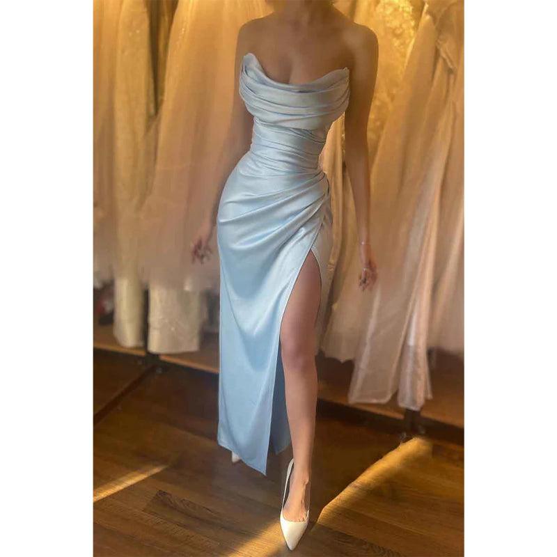 Sheath/column Strapless Sati Pleats Long Formal Party Dress with Slit