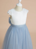 A-line Satin Tulle Tea-length First Communion Flower Girl Dress