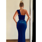 Velvet One Shoulder Pleats Blue Long Prom Dress with Slit Evening Gowns