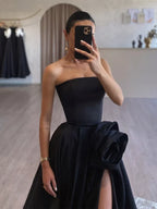 A-Line Satin Strapless Black Long Prom Dress Formal Dress With Slit