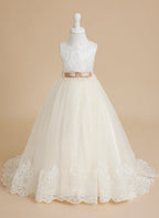 Ball-Gown/Princess Tulle Sweep Train Ivory  Flower Girl Dress