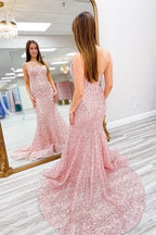 Sequins Mermaid Spaghetti Straps Boning Long Prom Dress