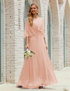 Sunnderly  Bridesmaid Dress Women Long Sleeve V-Neck Chiffon Formal Wedding Party Dress SY28018