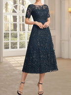 A-line Scoop Illusion Tea-Length Lace Mother of the Bride Dress With Sequins