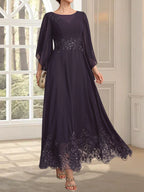 A-line Scoop Illusion Ankle-Length Lace Chiffon Mother of the Bride Dress With Sequins