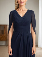 Dark Navy A-Line V-Neck Long Mother of Bride Dress