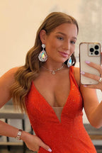 Mermaid Deep V Neck Pink Long Prom Dress with Beading