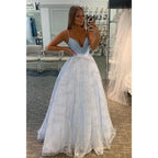 Plunging V-neck Sky Blue Sparkly Prom Dress