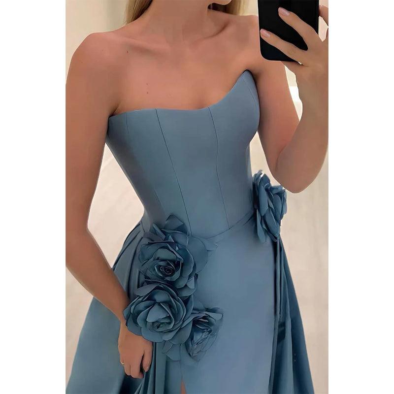 Satin A-line Sweetheart Floral Embossed with Slit Party Prom Evening Dress