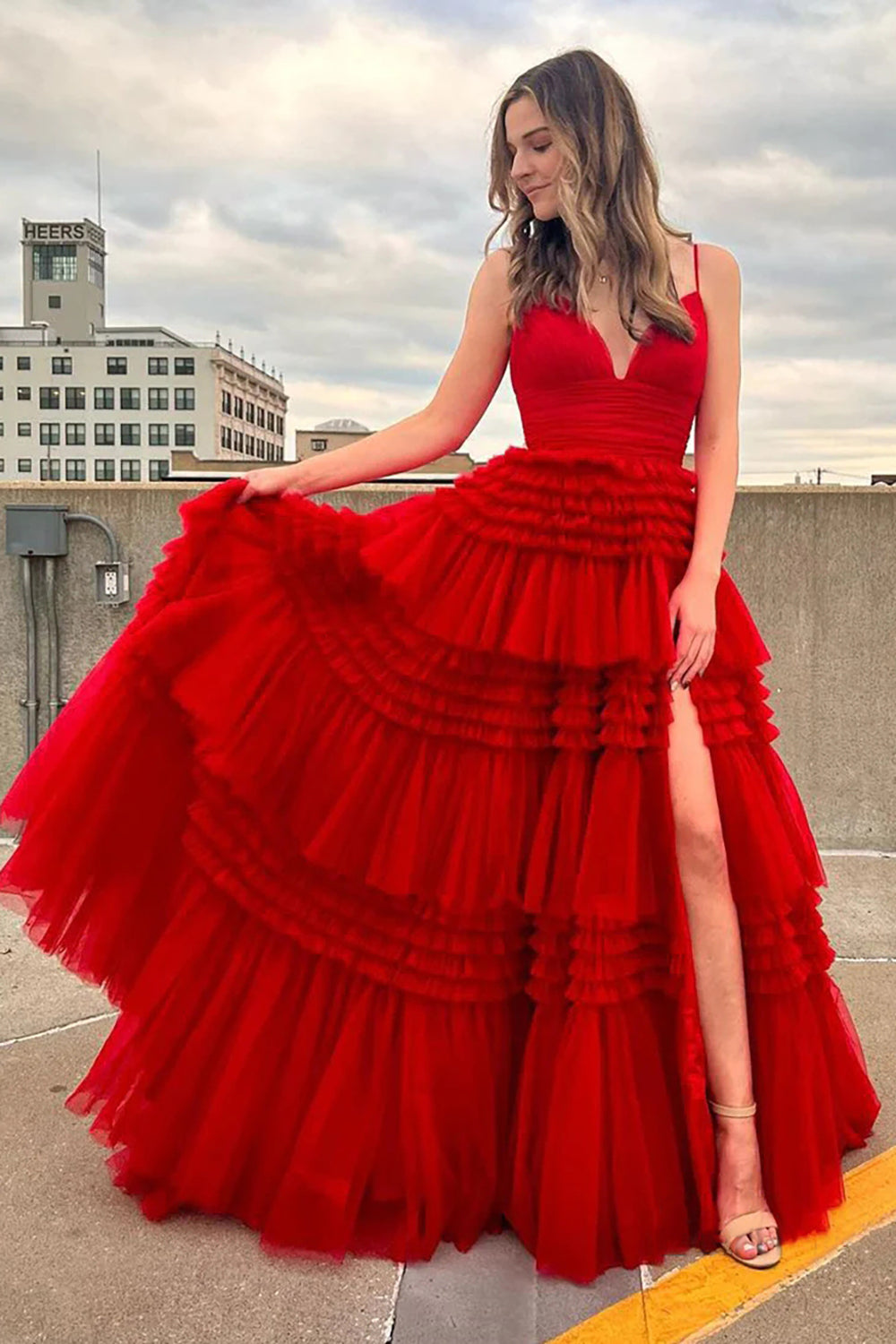 A Line Spaghetti Straps Pink Long Prom Dress with Split