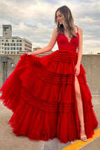 A Line Spaghetti Straps Pink Long Prom Dress with Split