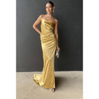 Sheath/Column One Shoulder Satin Pleats Backless Sleeveless Evening Dress