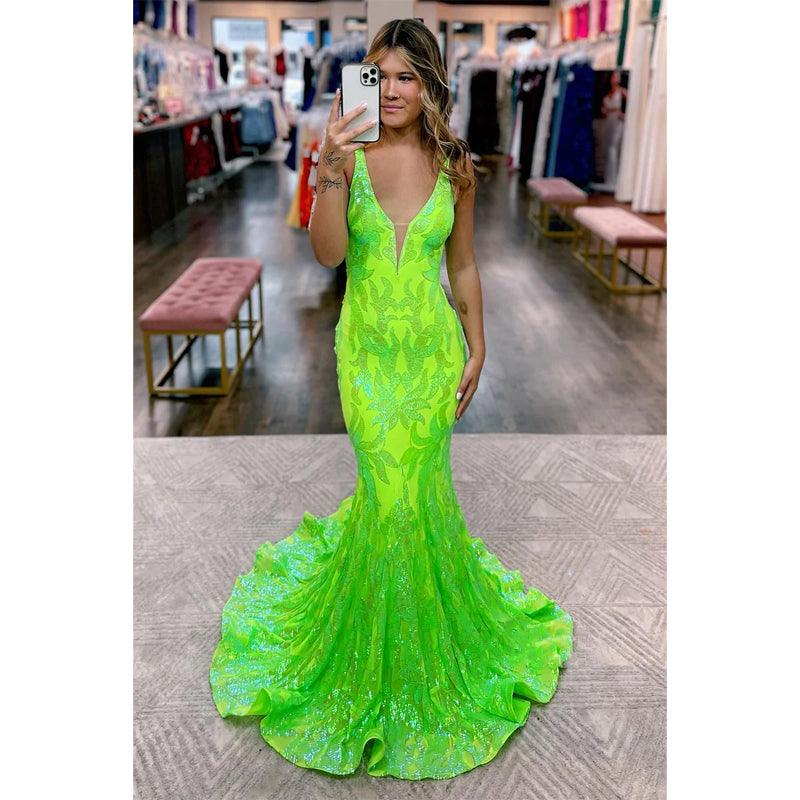 Sexy V-neck Sequins Appliques Mermaid Prom Dress