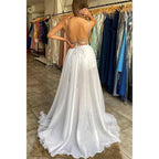 Plunging V-neck Sequins High Split Long Prom Dress with Detachable Train