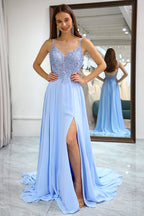 Chraming A Line Spaghetti Straps Blue Long Prom Dress with Split Front