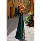 Sweetheart Spaghetti Straps Ruched Satin Sheath Long Prom Formal Gown
