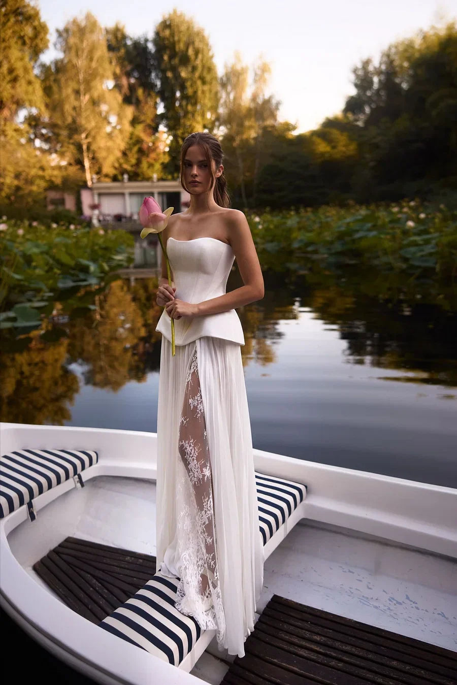 White Satin Maxi Prom Dresses with Strapless Corset Bodice Lace-Up Back Pleated Chiffon Skirt for Prom and Garden Wedding