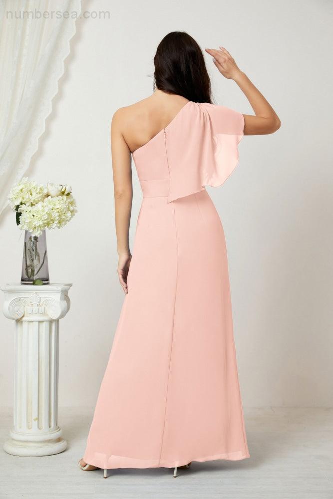Numbersea  Chiffon Ruffled One Shoulder Long Bridesmaid Dresses A-line Formal Evening Gown Side Split 2809