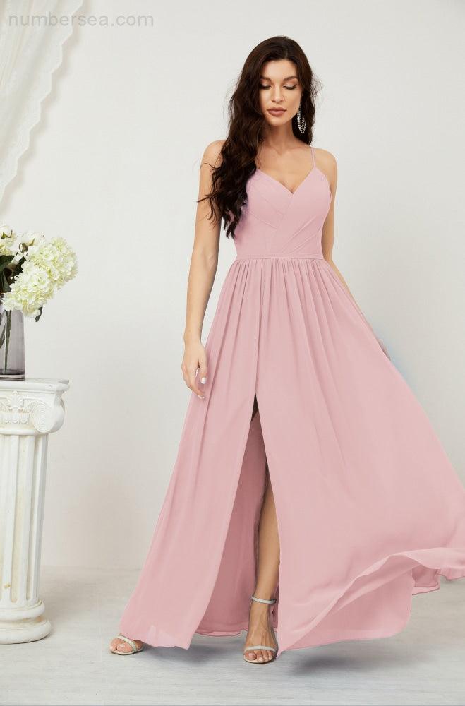 Baoleely  Neck Bridesmaid Dresses Chiffon Long Spaghetti A-line Formal Prom Gown for Wedding Party Evening 2801