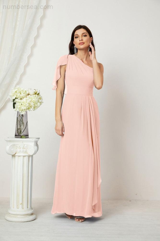 Numbersea  Chiffon Ruffled One Shoulder Long Bridesmaid Dresses A-line Formal Evening Gown Side Split 2809