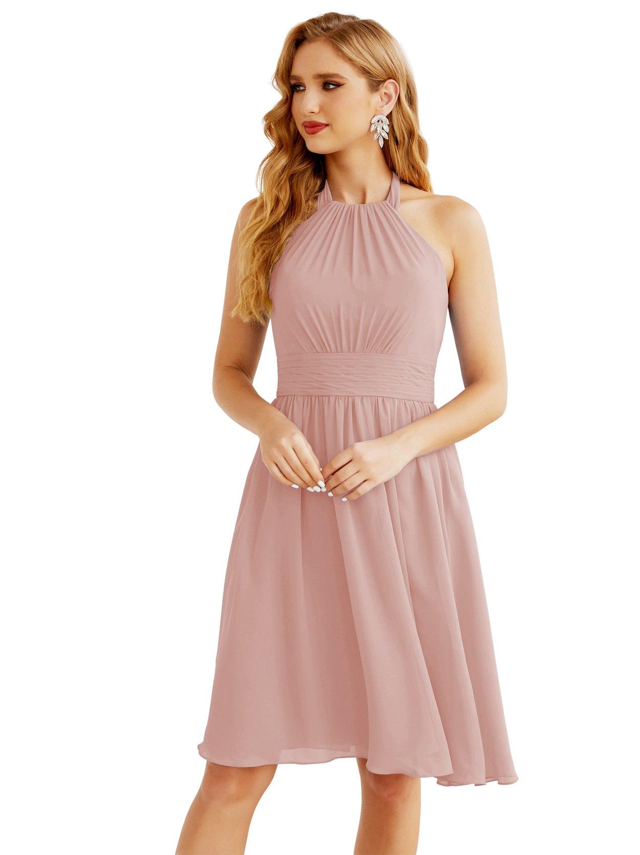 Baoleely Halter Chiffon Bridesmaid Dresses Short Sleeveless Formal Party Dress Open Back 28023