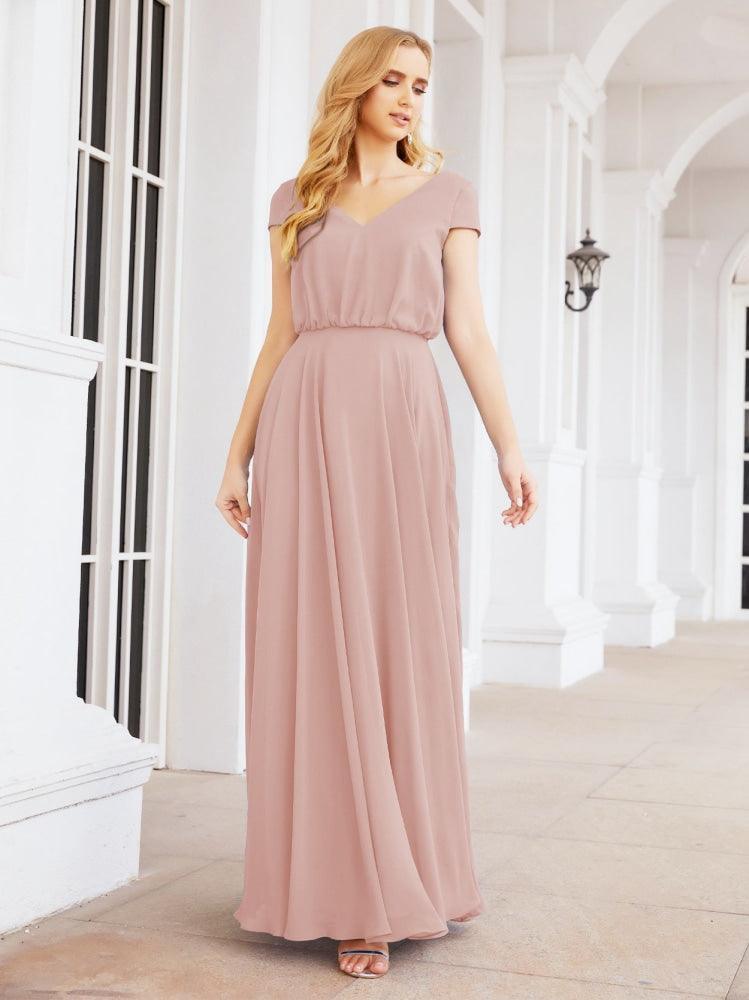 Numbersea V-Neck Bridesmaid Dresses Long Cap Sleeves Prom Evening Formal Gowns 28071