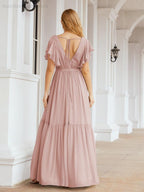 Numbersea Women's Open Back Formal Evening Party Prom Gowns V-Neck Long Chiffon Bridesmaid Dresses with Waist Belt 28038