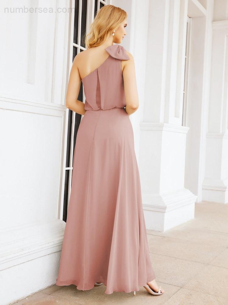 Numbersea Chiffon Ruffled One Shoulder Sleeveless Long Bride Dresses A-line Formal Evening Gown Side Split 28057