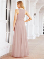 Numbersea Ladies Sleeveless Round Neck Chiffon Beaded and Floor Length Bridesmaid Dress Party Wedding Prom Evening Dress 28076
