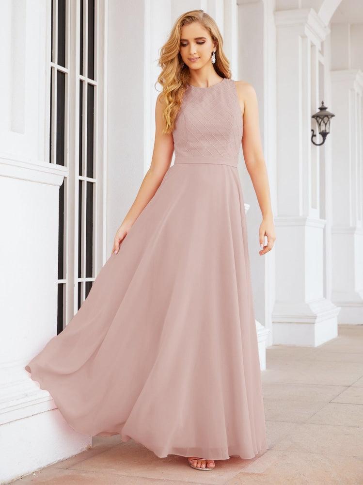 Numbersea Ladies Sleeveless Round Neck Chiffon Beaded and Floor Length Bridesmaid Dress Party Wedding Prom Evening Dress 28076
