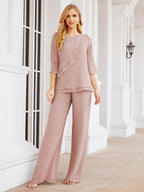 Sunnderly Elegant 2 Piece Mother of The Bride Dress Plus Size Pant Suits Ruffle Layers Sliver Housecoat SY28064