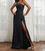 Evening Dress One Shoulder Ruched Sleeveless With Slit Dress