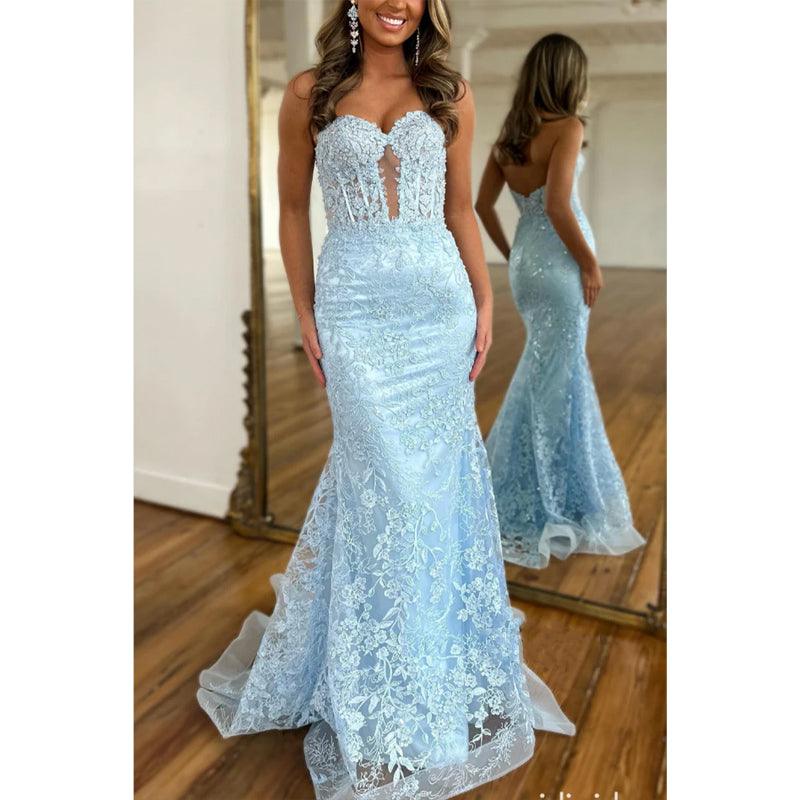 Sweetheart Strapless Trumpet Lace Applique Party Prom Evening Dress