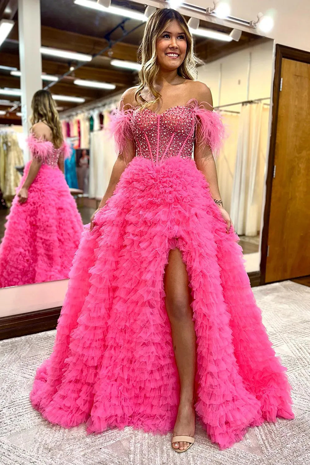 Off the Shoulder Tulle Tiered A-Line Long Corset Prom Dress with Beading