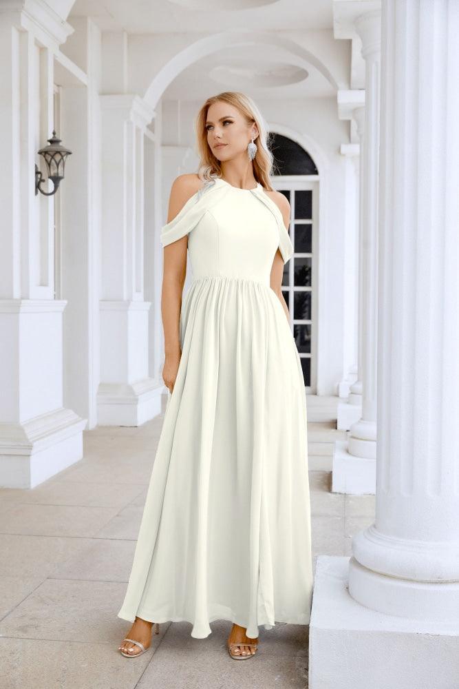 Ladies Chiffon Off Shoulder Swing Sleeve Front Slit Bridesmaid Evening Dress Wedding Party Evening Dress 28117