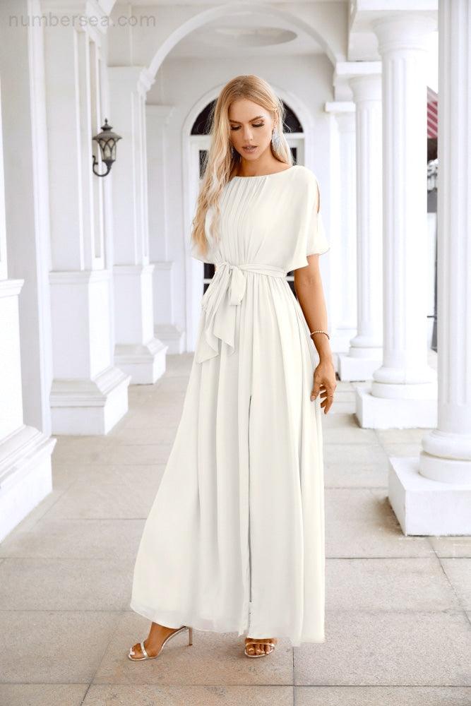 Ladies Chiffon Sleeve Crew Neck Front Slit Floor Length Bridesmaid Evening Dress Wedding Party Evening Dress 28124