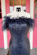 Mermaid Strapless Light Blue Sequins Long Prom Dress with Feathers
