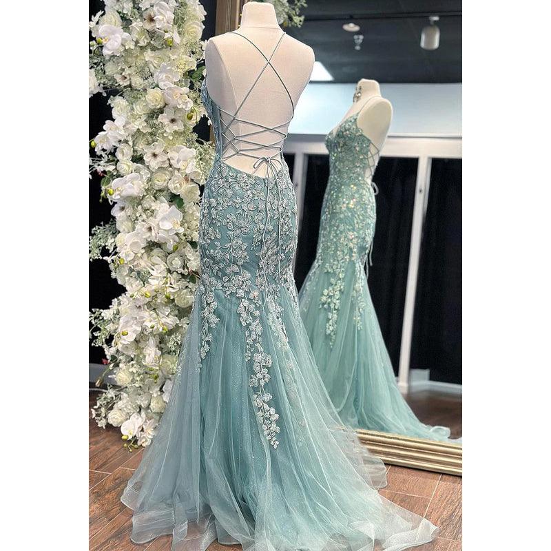 Tulle V-neck Spaghetti Straps Lace Applique with Tulle Train Formal Dress