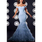 Sparkle Off-Shoulder Ruched Sequins Feathers Mermaid Long Prom Evening Dress