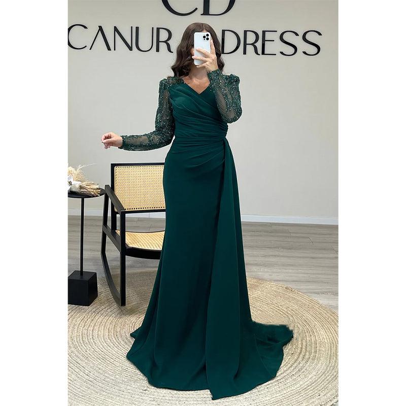 V-neck Pleatsbeaded Illusion Long Sparkly Prom Dress Formal Dress
